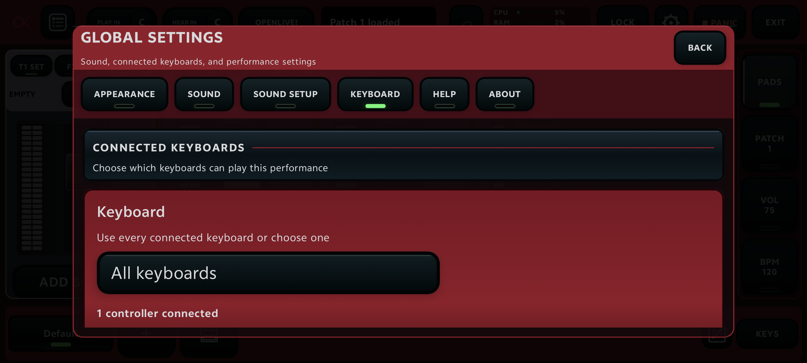 OpenKeys settings showing MIDI controller status