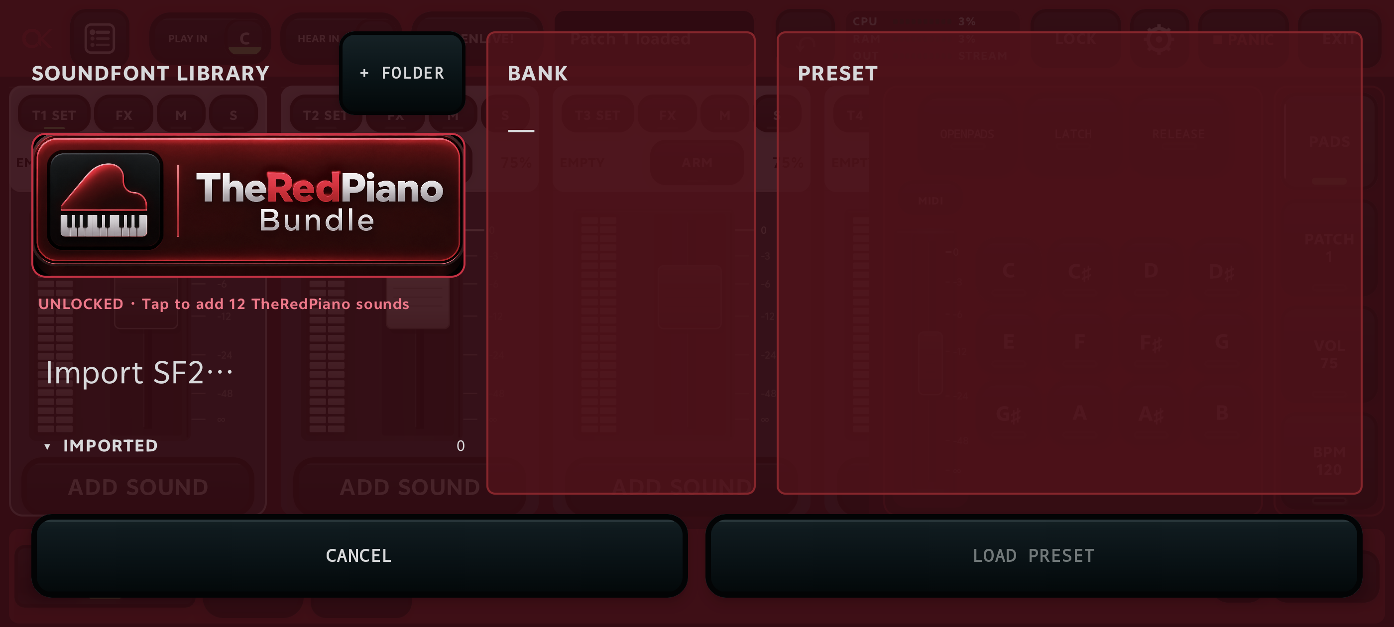 SoundFont library with import, package download, bank and preset columns